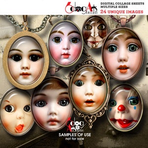 Boneca Vintage, Rostos de Palhaço, Folhas de Colagem Digital para Imprimir, Baixar Pingentes, Cabochões, Artesanato 30 x 40 mm 22 x 30 mm 18 x 25 mm 13 x 18 mm Ovais JC-054O