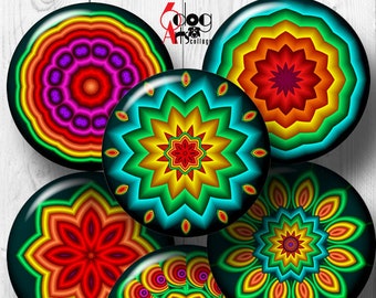 Circus Mandala Digital Collage Sheets Printable Download Pendants Glass Cabochons Scrapbooking 40mm 1.5" 1.25" 1" 30mm 25mm Circles JC-177