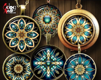 Golden Mandala Digital Collage Sheets Printable Download for Bottle Caps Pendants Crafts 40mm, 1.5", 1.25", 1", 30mm, 25mm Circles JC-040C