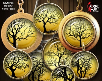 Tree Silhouettes Digital Collage Sheets Printable Downloads - Mini Bottle Caps Pendants Crafts 20mm, 18mm, 16mm, 14mm, 12mm Circles JC-074C