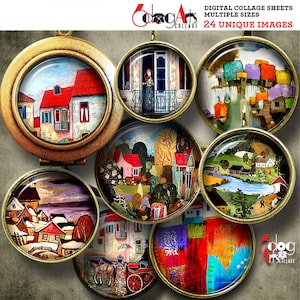 Paintings Download Digital Collage Sheets Printable Images Pendants Crafts Scrapbooking 1.5&quot; 1.25&quot; 1&quot; 30mm 25mm Circles JC-391