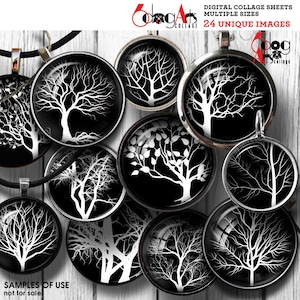 Tree Silhouettes Digital Collage Sheets Printable Downloads for Bottle Caps Pendants Crafts 1.5&quot;, 1.25&quot;, 1&quot;, 30mm, 25mm Circles JC-070C