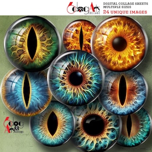 Pode incluir: Oito folhas de colagem digital que apresentam vários olhos coloridos com padrões intrincados. Os olhos são redondos e têm uma pupila preta com uma íris amarela, laranja e azul. O fundo é um tecido verde.