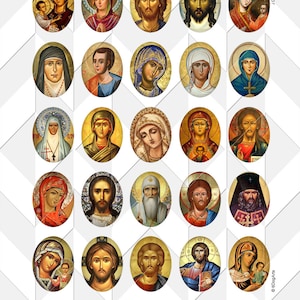 May include: A collection of 25 oval-shaped icons featuring religious figures. The icons are painted in a traditional style with gold backgrounds and intricate details. The figures include Jesus, Mary, saints, and angels.