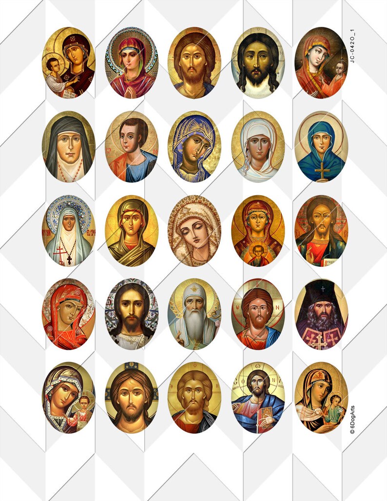 May include: A collection of 25 oval-shaped icons featuring religious figures. The icons are painted in a traditional style with gold backgrounds and intricate details. The figures include Jesus, Mary, saints, and angels.