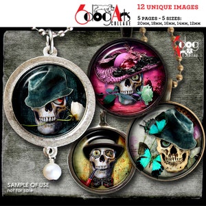 Skull in the Hat Digital Collage Sheets for Pendants Glass Cabochons Crafts Download 20mm, 18mm, 16mm, 14mm, 12mm Circles JC-293C