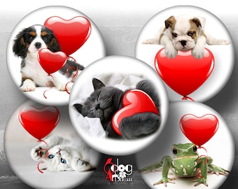 Valentine's Animals Digital Collage Sheets Printable 2.625", 1.85", 1.629", 1.375" Circles for 2.25" 1.5" 1.25" 1" Buttons, Mirrors JC-326