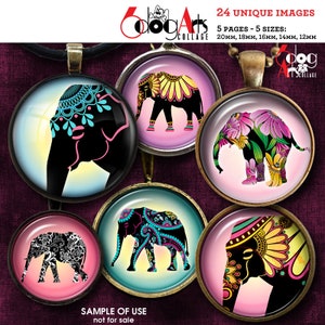 May include: Set of six colorful round glass cabochons with images of elephants decorated with intricate patterns. The cabochons are 20mm, 18mm, 16mm, 14mm, and 12mm in size.