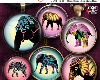 Zentangle Paisley Elephant Digital Collage Sheets Printable Download Mini Bottle Caps Pendants 20mm, 18mm, 16mm, 14mm, 12mm Circles JC-238