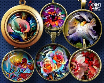 Flower Painting Digital Collage Sheets Printable Downloads Bottle Caps Pendants Glass Cabochons 1.5", 1.25", 30mm, 1", 25mm Circles JC-147