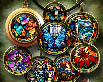 Digitale Collage-Vorlagen mit Buntglasmotiven, druckbare Bilder, Flaschendeckel-Anhänger, Cabochons, Scrapbooking, 1,5", 1,25", 1", 30 mm, 25 mm Kreise JC-438