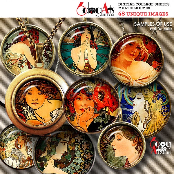 Alphonse Mucha Digital Collage Sheets Printable Downloads for Bottle Caps Pendants Paper Crafts 1.5, 1.25, 1 inch, 30, 25mm Circles JC-039C