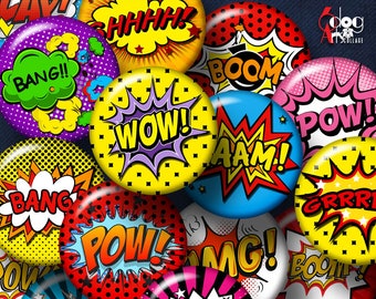Comic Book Exclamations Digital Collage Sheets Printable Download Bottle Caps Pendants Crafts 40mm 1.5" 1.25" 1" 30mm 25mm Circles JC-123C