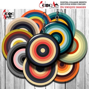Retro Circles Digital Collage Sheets Printable Download for Glass Cabochons Pendants Paper Crafts 1.5&quot; 1.25&quot; 1&quot; 30mm 25mm Circles JC-311C