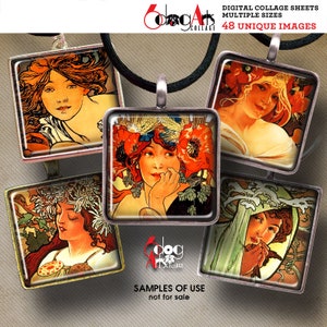 Alphonse Mucha - 1.5"x1.5", 1"x1", 30x30mm, 25x25mm Squares Digital Collage Sheets Printable Download for Pendants Cabochons Crafts JC-039S