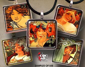 Alphonse Mucha - 1.5"x1.5", 1"x1", 30x30mm, 25x25mm Squares Digital Collage Sheets Printable Download for Pendants Cabochons Crafts JC-039S