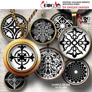 Black and White Ornaments Digital Collage Sheets Printable Download Mini Bottle Caps Pendants Crafts 20mm 18mm 16mm 14mm 12mm Circles JC-118