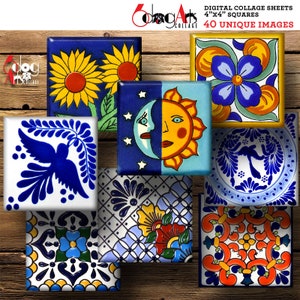40 4"x4" Mexican Talavera Tiles Digital Collage Sheets Printable Download Square Coasters Paperweights Magnets Scrapbooking Crafts JC-210