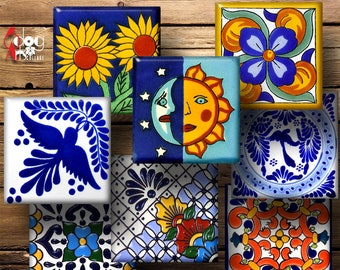 40 4"x4" Mexican Talavera Tiles Digital Collage Sheets Printable Download Square Coasters Paperweights Magnets Scrapbooking Crafts JC-210
