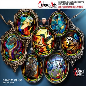 May include: A set of 25 digital collage sheets featuring stained glass style images. The images include a hummingbird, a dragon, an owl, and butterflies. The images are in various colors, including red, blue, green, and yellow.