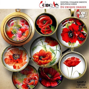 Mohn Blumen 20 mm 18 mm 16 mm 14 mm 12 mm Kreise Digital Collage Sheets Printable Downloads für Mini Kronkorken Anhänger Scrapbooking JC-113