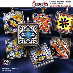 Mexicaanse talaverategels digitale collagebladen afdrukbare download hangers cabochons 1,5", 1"x 1", 30 x 30 mm, 25 x 25 mm, 15 x 15 mm vierkanten JC-025