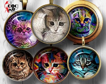 Cat Painting Digital Collage Sheets Printable Downloads Mini Bottle Caps Pendants Paper Crafts 20mm, 18mm, 16mm, 14mm, 12mm Circles JC-002C