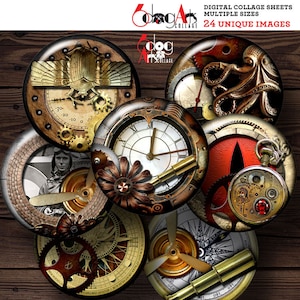 May include: A set of eight round, steampunk-themed digital collage sheets featuring images of clocks, gears, compasses, and other intricate designs. The images are in shades of brown, gold, and red.