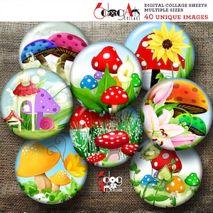 Fair Tale Mushrooms digitale collagevellen afdrukbare download 1,629" en 1,313" cirkels voor 1,25" en 1" buttons JC-329B