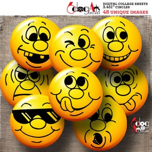 Smileys, emoji, emoticons Digitale collagebladen 3,451" cirkels voor 3" knoppen, spiegels Afdrukbaar Direct downloaden JC-335H