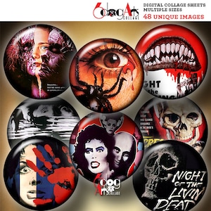 May include: A set of nine round digital collage sheets featuring horror movie posters. The posters feature images of a spider, a skull, a handprint, a woman's eye, a woman's face, a man's face, a skull, a woman's face, and a woman's face. The text on the posters includes "Night of the Living Dead", "The Bride's Room", "The Ghost Who Claimed Vengeance", and "Imagine... You're Gone... And I'm Living Inside You".