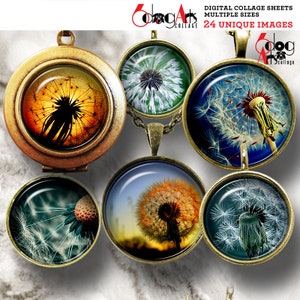 Dandelions Digital Collage Sheets Printable Downloads Mini Bottle Caps Pendants Earrings Rings 20mm, 18mm, 16mm, 14mm, 12mm Circles JC-220C