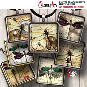 Può includere: Set di otto fogli di collage digitale quadrati con immagini in stile vintage di libellule, orologi, bussole e testo scritto a mano. Le immagini sono in tonalità di marrone, crema, verde e viola.