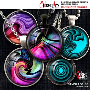 May include: Five round, colorful, abstract designs on silver pendants. The designs feature swirling lines and patterns in shades of pink, blue, green, and black. The pendants are hanging from silver chains.