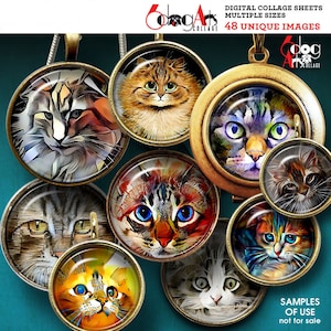 Może przedstawiać: Zestaw 10 arkuszy cyfrowych kolaży z 48 unikalnymi obrazami kotów w różnych stylach i kolorach. Obrazy idealnie nadają się do rękodzieła, scrapbookingu i innych projektów kreatywnych.