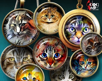 Cat Painting Digital Collage Sheets Printable Download Bottle Caps Pendants Glass Cabochons 40mm, 1.5", 1.25", 30mm, 1", 25mm Circles JC-150