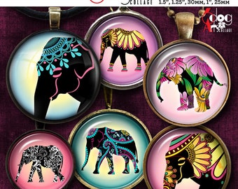 Zentangle Paisley Elephant Digital Collage Sheets Printable Download Bottle Caps Pendants Cabochons 1.5" 1.25" 1" 30mm 25mm Circles JC-238