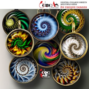 May include: A set of eight round, bronze-colored pendants with colorful, swirling, fractal designs. Each pendant features a different color scheme and pattern, including green, blue, yellow, red, and white.