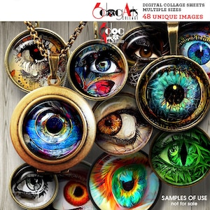 Fantasy Eyes Digital Collage Sheets Printable Download Mini Bottle Caps Glass Cabochons Pendants 20mm, 18mm, 16mm, 14mm, 12mm Circles JC-146