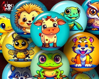 Cartoon Animals Digital Collage Sheets Printable Download Bottle Caps Glass Cabochons Scrapbooking 1.5" 1.25" 1" 30mm 25mm Circles JC-454C