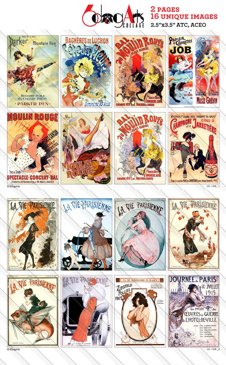May include: Sixteen unique vintage-style images, each 2.5" x 3.5", featuring colorful illustrations and text. The images showcase advertisements and posters from the early 20th century, with themes including entertainment and fashion.