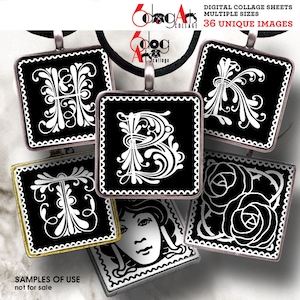 Flower Initial Letters - 1.5"x1.5" 1"x1" 30x30mm 25x25mm Squares - Digital Collage Sheets Printable Download for Pendants Cabochons JC-058S