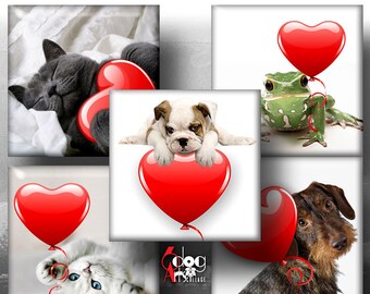 Valentine's Animals - 1.5", 1", 30mm, 15mm Square & Scrabble Tiles Digital Collage Sheets Printable Images for Pendants Scrapbooking JC-326S