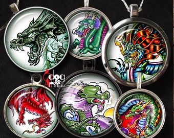 Dragons Digital Collage Sheets Printable Downloads for Bottle Caps Pendants Cabochons Scrapbooking 1.5", 1.25", 1", 30, 25mm Circles JC-101