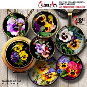 Pansy Flower Digital Collage Sheets Printable Download for Bottle Caps Pendants Paper Crafts 20mm 18mm 16mm 14mm 12mm 10mm Circles JC-041