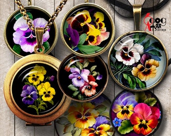 Pansy Flower Digital Collage Sheets Printable Download for Bottle Caps Pendants Paper Crafts 20mm 18mm 16mm 14mm 12mm 10mm Circles JC-041