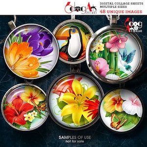 Tropical Flowers Digital Collage Sheets Printable Downloads Bottle Caps Pendants Cabochons Scrapbooking 1.5&quot; 1.25&quot; 1&quot; 30 25mm Circles JC-124