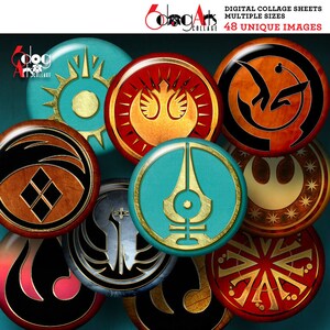 Puede incluir: Nueve hojas de collage digital redondas que presentan varios símbolos en oro, negro y rojo sobre un fondo marrón, azul y blanco. El texto "48 IMÁGENES ÚNICAS" está en la parte superior de la imagen.