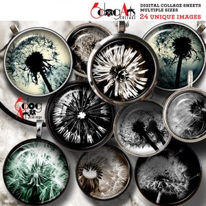 Dandelions Digital Collage Sheets Printable Downloads Mini Bottle Caps Pendants Earrings Rings 20mm, 18mm, 16mm, 14mm, 12mm Circles JC-221C