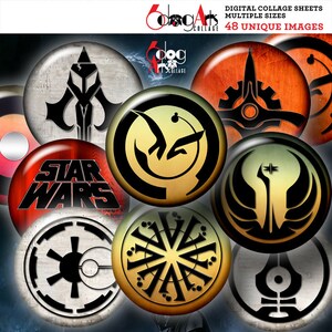May include: Nine round digital collage sheets featuring Star Wars themed symbols. The symbols are in black and white with a distressed background. The symbols include the Rebel Alliance, the Galactic Empire, the Mandalorian symbol, the Jedi Order, the Sith, and more.
